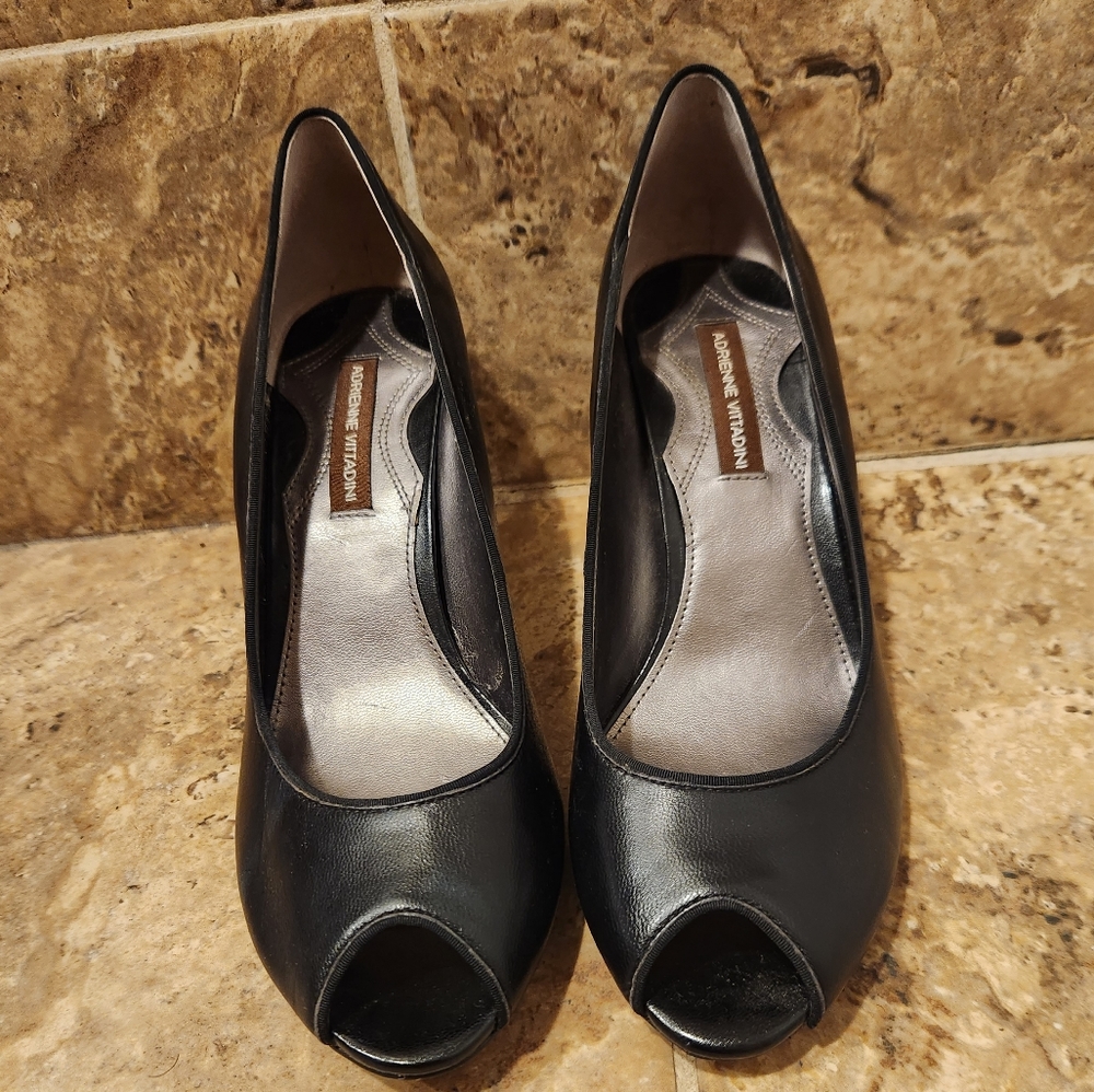 Adrienne Vittadini Black Open Toe High Heels Skinny Heels Women's 8